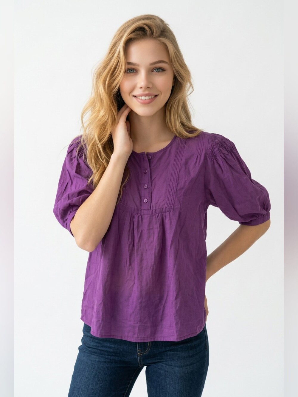 See By Chloe Purple Puff-Sleeve Henley Top